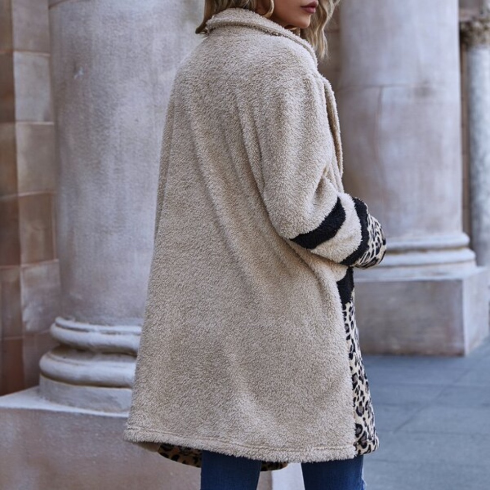 Cream Leopard Print Teddy Open Front Jacket Coat - Picture 4 of 5